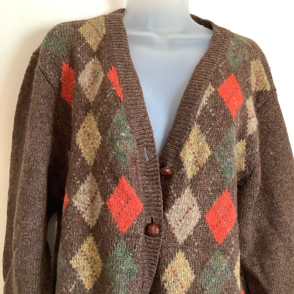 Vintage Gap Sweater Cardigan Diamond 100% Wool Preppy Grandpa Argyle Women's L - Picture 2 of 10